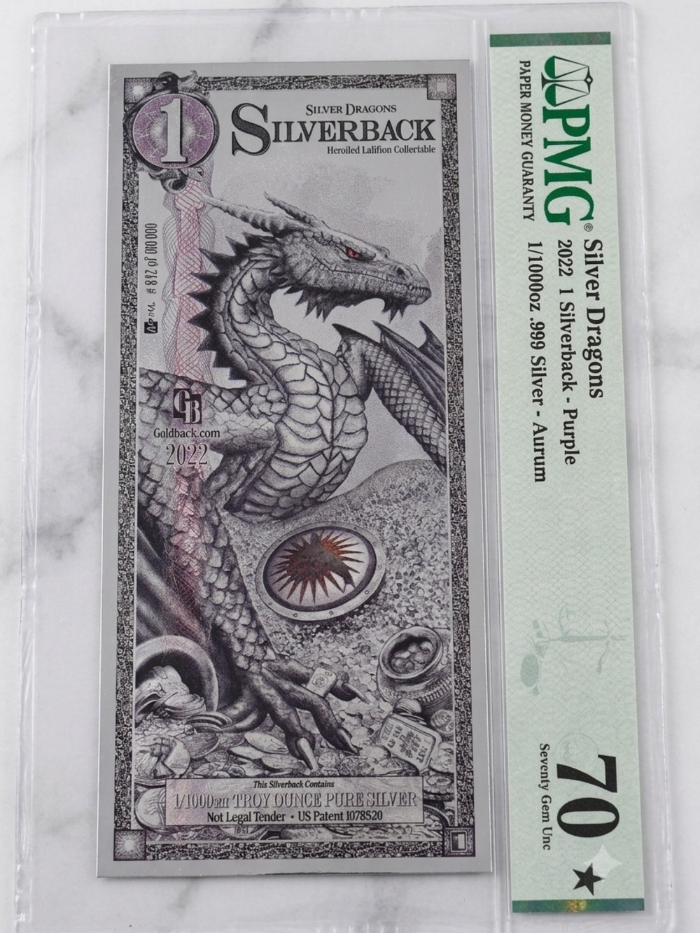 2022 Silver Dragons Silverback Note, Purple Edition #842 • Graded PMG 70